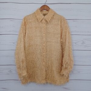 CDW Creative Design Works Golden Tan Shaggy Side Slit Button Front Blouse Top